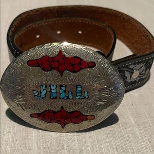Western Belt with Jill Buckle and Jill Belt! Turquoise and red coral on belt.